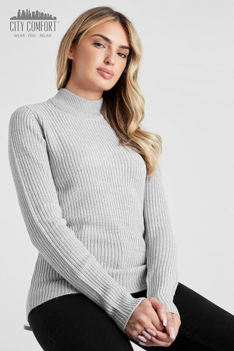 Pulover cu guler pentru femei din acril, cu maneca lunga, modern, confortabil, calduros, material fin, culoare gri, marimea S [5]