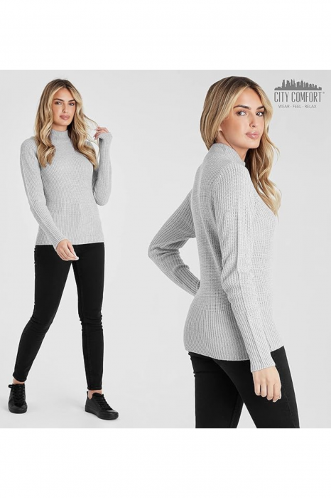 Pulover cu guler pentru femei din acril, cu maneca lunga, modern, confortabil, calduros, material fin, culoare gri, marimea S [4]