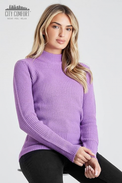 Pulover cu guler pentru femei din acril, cu maneca lunga, modern, confortabil, calduros, material fin, culoare mov, marimea L [2]