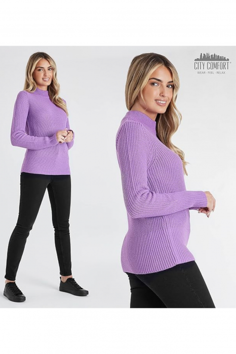 Pulover cu guler pentru femei din acril, cu maneca lunga, modern, confortabil, calduros, material fin, culoare mov, marimea L [4]