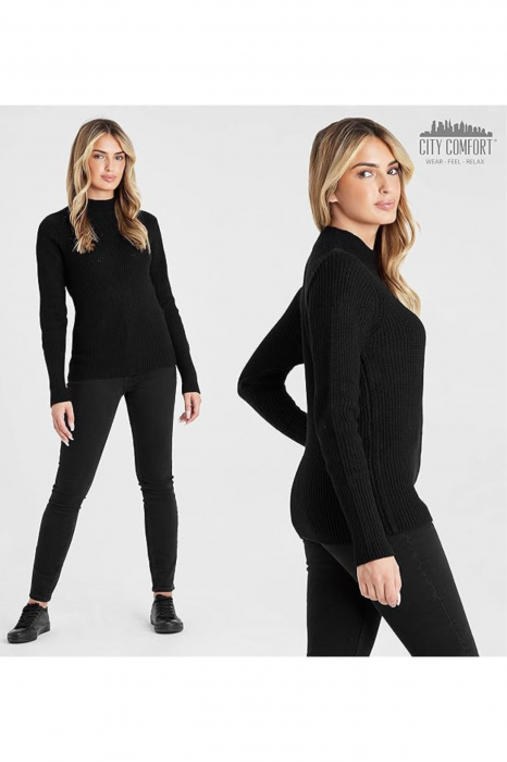 Pulover cu guler pentru femei din acril, cu maneca lunga, modern, confortabil, calduros, material fin, culoare negru, marimea L [4]