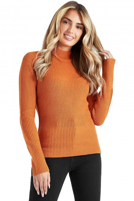 Pulover cu guler pentru femei din acril, cu maneca lunga, modern, confortabil, calduros, material fin, culoare portocaliu, marimea L [1]