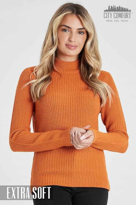 Pulover cu guler pentru femei din acril, cu maneca lunga, modern, confortabil, calduros, material fin, culoare portocaliu, marimea L [2]