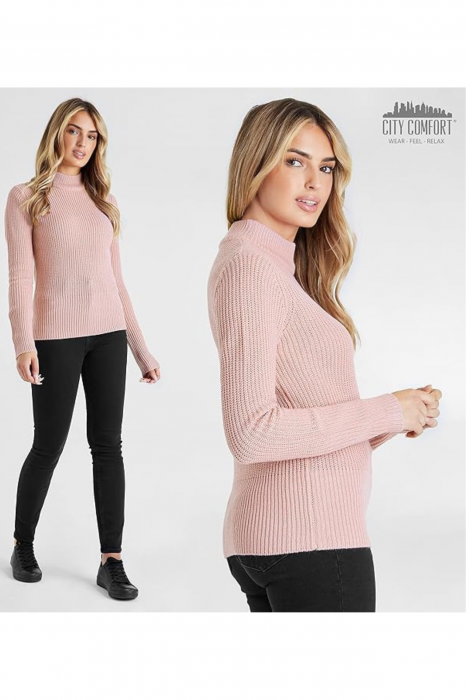 Pulover de Iarna pentru Femei – Elegant, Cald si Confortabil, cu Guler Inalt si Tesatura Ripsata, Roz Deschis, S [5]