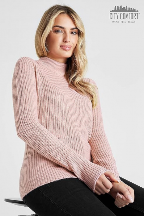 Pulover de Iarna pentru Femei – Elegant, Cald si Confortabil, cu Guler Inalt si Tesatura Ripsata, Roz Deschis, S [3]