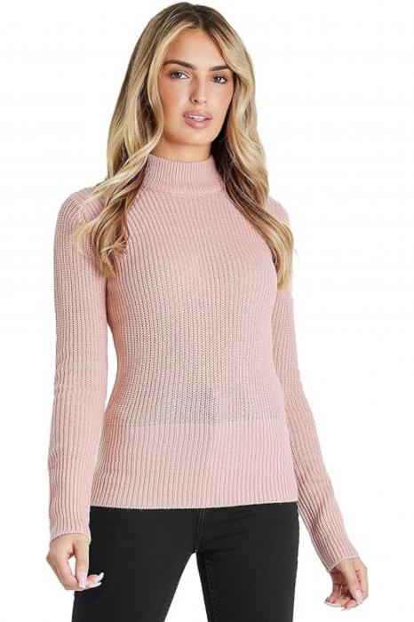 Pulover de Iarna pentru Femei – Elegant, Cald si Confortabil, cu Guler Inalt si Tesatura Ripsata, Roz Deschis, S [1]