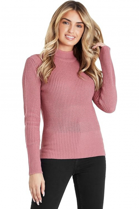 Pulover de Iarna pentru Femei – Elegant, Cald si Confortabil, cu Guler Inalt si Tesatura Ripsata, Roz prafuit, M [1]
