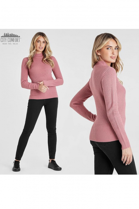 Pulover de Iarna pentru Femei – Elegant, Cald si Confortabil, cu Guler Inalt si Tesatura Ripsata, Roz prafuit, M [5]