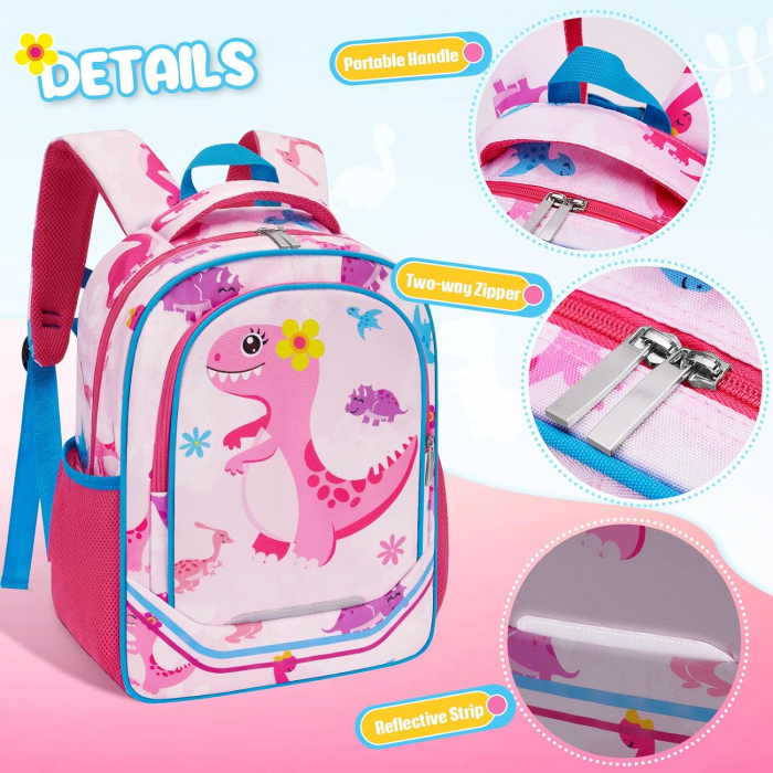 Rucsac pentru fete, cu model dinozaur, cu buzunare laterale pentru sticla, curea frontala, 2 compartimente, ideal pentru scoala, excursii, calatorii sau antrenament, 40x30x15 cm, imprimeu colorat si v [2]