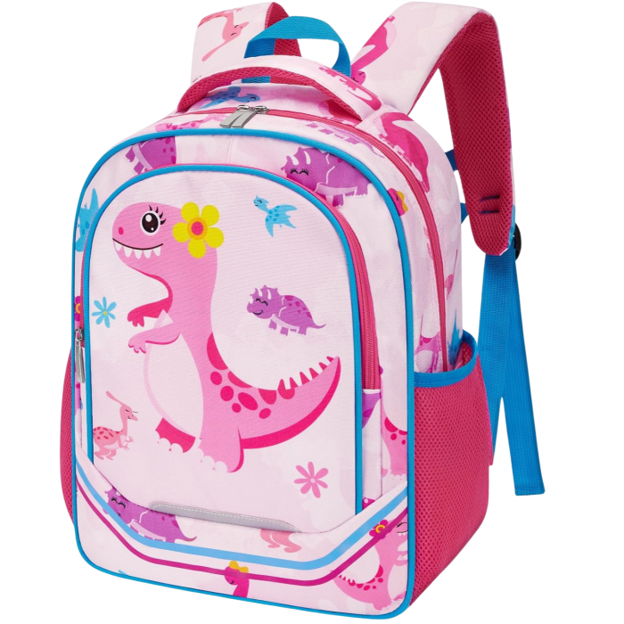 Rucsac pentru fete, cu model dinozaur, cu buzunare laterale pentru sticla, curea frontala, 2 compartimente, ideal pentru scoala, excursii, calatorii sau antrenament, 40x30x15 cm, imprimeu colorat si v [1]