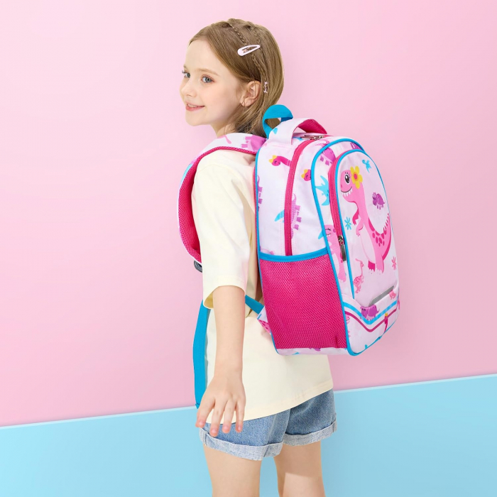Rucsac pentru fete, cu model dinozaur, cu buzunare laterale pentru sticla, curea frontala, 2 compartimente, ideal pentru scoala, excursii, calatorii sau antrenament, 40x30x15 cm, imprimeu colorat si v [7]