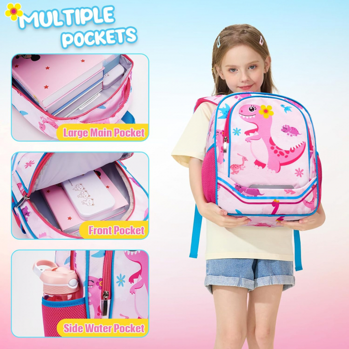 Rucsac pentru fete, cu model dinozaur, cu buzunare laterale pentru sticla, curea frontala, 2 compartimente, ideal pentru scoala, excursii, calatorii sau antrenament, 40x30x15 cm, imprimeu colorat si v [6]