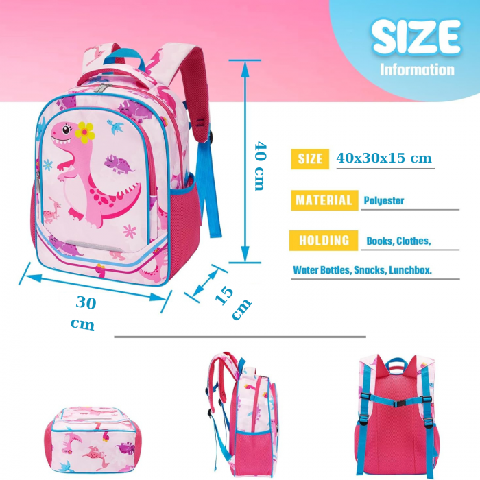 Rucsac pentru fete, cu model dinozaur, cu buzunare laterale pentru sticla, curea frontala, 2 compartimente, ideal pentru scoala, excursii, calatorii sau antrenament, 40x30x15 cm, imprimeu colorat si v [3]