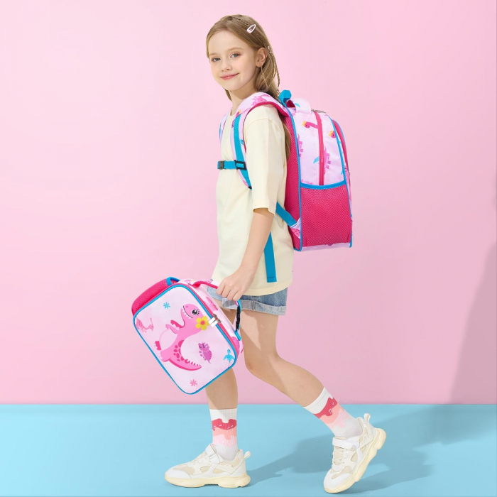 Rucsac pentru fete, cu model dinozaur, cu buzunare laterale pentru sticla, curea frontala, 2 compartimente, ideal pentru scoala, excursii, calatorii sau antrenament, 40x30x15 cm, imprimeu colorat si v [4]