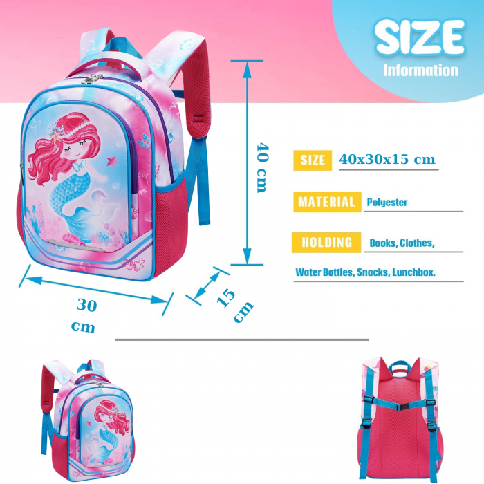 Rucsac pentru fete, cu model sirena, cu buzunare laterale pentru sticla, curea frontala, 2 compartimente, ideal pentru scoala, excursii, calatorii sau antrenament, 40x30x15 cm, imprimeu colorat si ves [3]