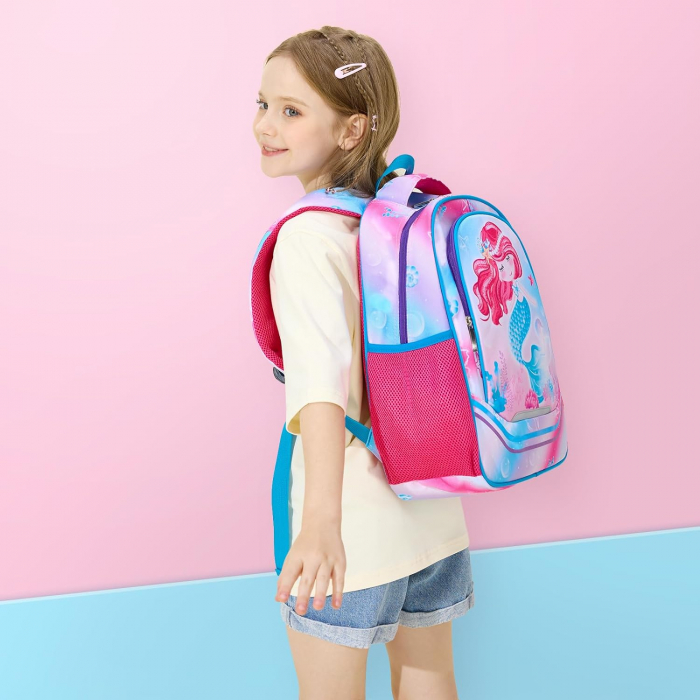Rucsac pentru fete, cu model sirena, cu buzunare laterale pentru sticla, curea frontala, 2 compartimente, ideal pentru scoala, excursii, calatorii sau antrenament, 40x30x15 cm, imprimeu colorat si ves [6]