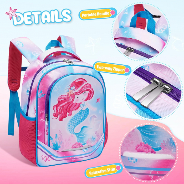 Rucsac pentru fete, cu model sirena, cu buzunare laterale pentru sticla, curea frontala, 2 compartimente, ideal pentru scoala, excursii, calatorii sau antrenament, 40x30x15 cm, imprimeu colorat si ves [5]