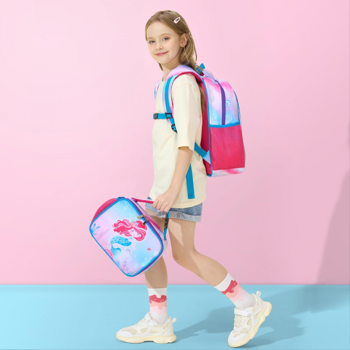 Rucsac pentru fete, cu model sirena, cu buzunare laterale pentru sticla, curea frontala, 2 compartimente, ideal pentru scoala, excursii, calatorii sau antrenament, 40x30x15 cm, imprimeu colorat si ves [4]