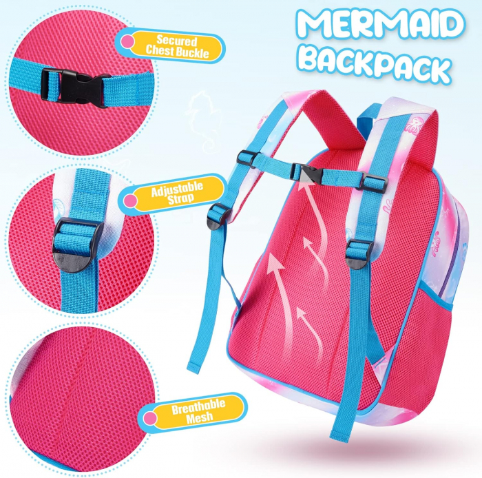 Rucsac pentru fete, cu model sirena, cu buzunare laterale pentru sticla, curea frontala, 2 compartimente, ideal pentru scoala, excursii, calatorii sau antrenament, 40x30x15 cm, imprimeu colorat si ves [7]