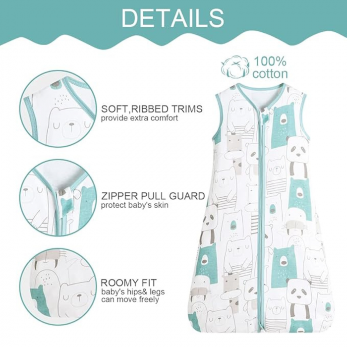 Sac de Dormit Bebelusi 0.5 Tog, 100% Bumbac, Unisex, Fara Maneci, cu Fermoar in Doua Directii, L [4]