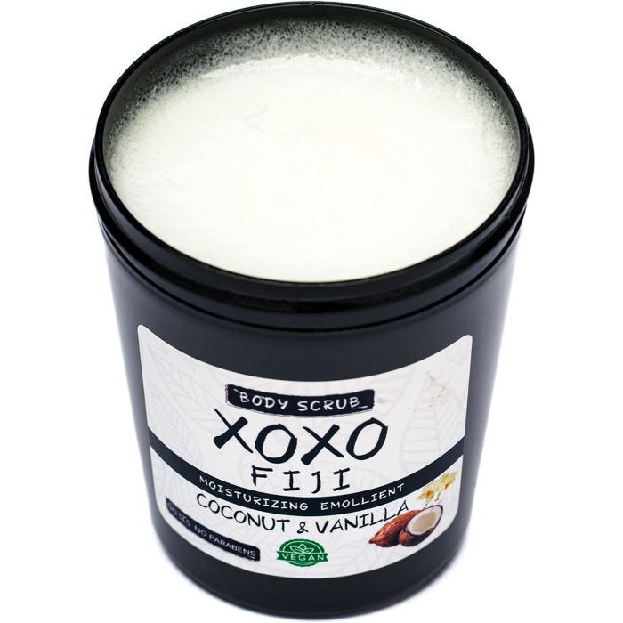 Scrub pentru corp, cu unt de cocos, vanilie, unt de shea, vitamina E, cu efect exfoliant si hidratant, ajuta la eliminarea acneei, foliculitei, punctelor negre, celulitei, pentru toate tipurile de ten [5]