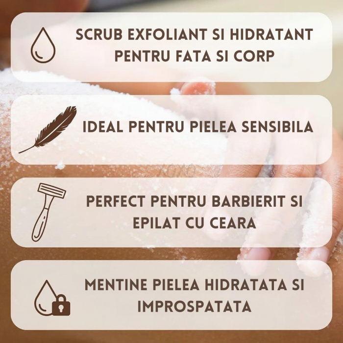 Scrub pentru corp, cu unt de cocos, vanilie, unt de shea, vitamina E, cu efect exfoliant si hidratant, ajuta la eliminarea acneei, foliculitei, punctelor negre, celulitei, pentru toate tipurile de ten [2]