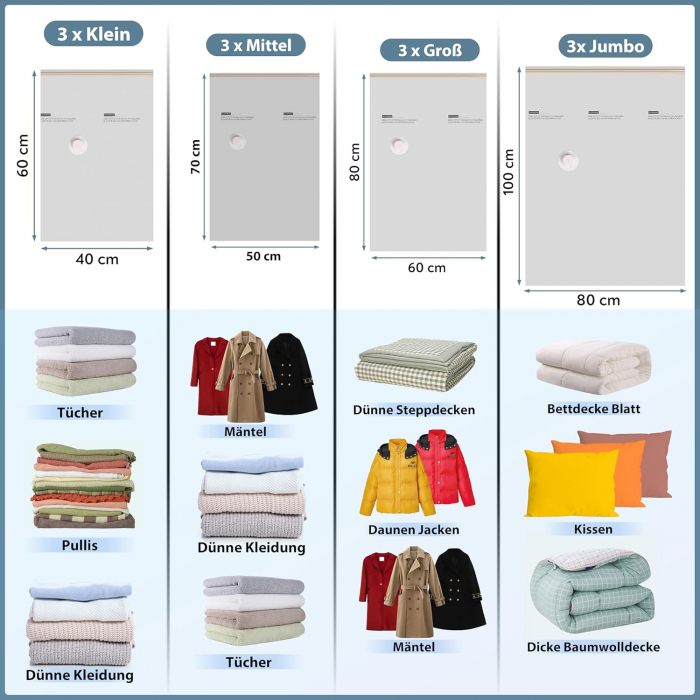 Set 12 Saci de Vidat pentru Haine – 3 Jumbo (80 x 100 cm), 3 Mari (60 x 80 cm), 3 Medii (50 x 70 cm), 3 Mici (40 x 60 cm), pentru Depozitare Etansa cu Supape de Aer [2]