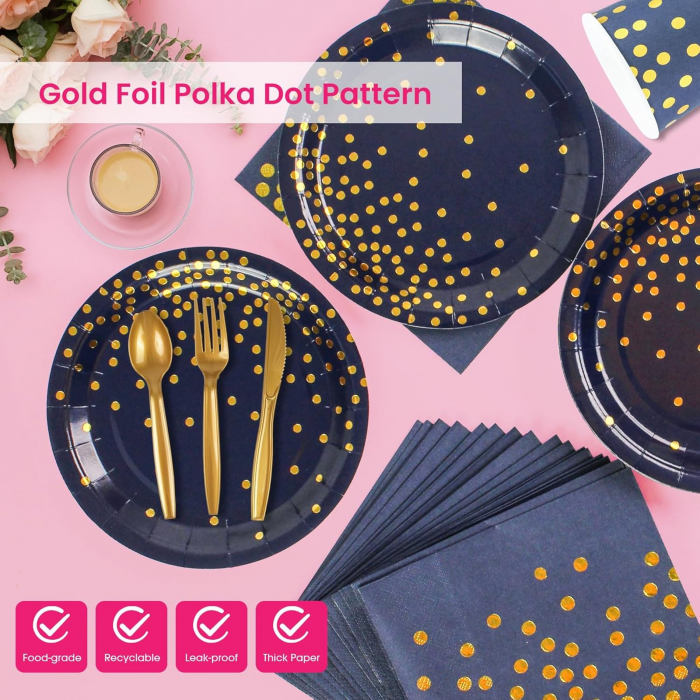 Set 168 Piese de Decoratiuni pentru Petrecere in Bleumarin si Auriu – Farfurii, Servetele, Pahare, Tacamuri de Unica Folosinta pentru 24 de Invitati – Ideal pentru Nunti, Aniversari, Absolviri [7]