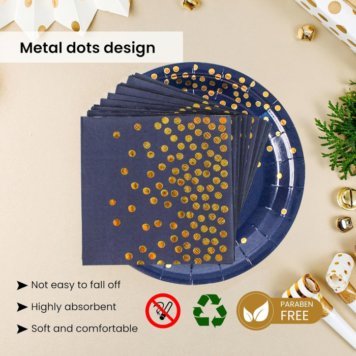 Set 168 Piese de Decoratiuni pentru Petrecere in Bleumarin si Auriu – Farfurii, Servetele, Pahare, Tacamuri de Unica Folosinta pentru 24 de Invitati – Ideal pentru Nunti, Aniversari, Absolviri [4]