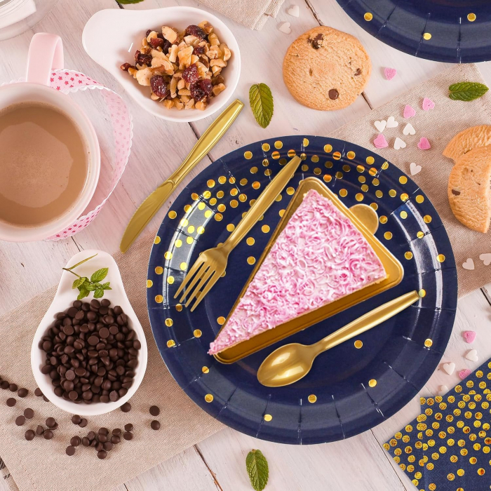 Set 168 Piese de Decoratiuni pentru Petrecere in Bleumarin si Auriu – Farfurii, Servetele, Pahare, Tacamuri de Unica Folosinta pentru 24 de Invitati – Ideal pentru Nunti, Aniversari, Absolviri [6]