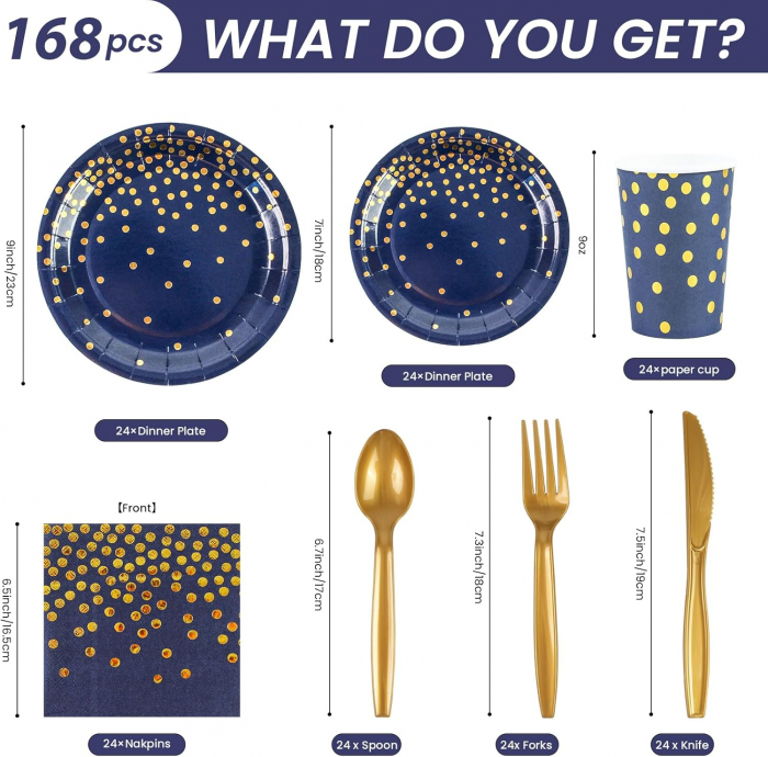 Set 168 Piese de Decoratiuni pentru Petrecere in Bleumarin si Auriu – Farfurii, Servetele, Pahare, Tacamuri de Unica Folosinta pentru 24 de Invitati – Ideal pentru Nunti, Aniversari, Absolviri [3]
