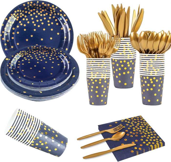 Set 168 Piese de Decoratiuni pentru Petrecere in Bleumarin si Auriu – Farfurii, Servetele, Pahare, Tacamuri de Unica Folosinta pentru 24 de Invitati – Ideal pentru Nunti, Aniversari, Absolviri [1]