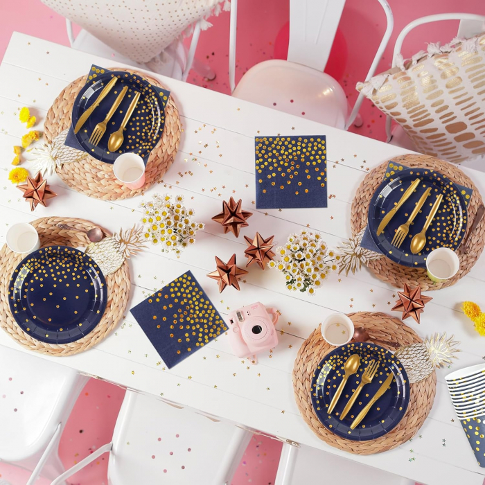 Set 168 Piese de Decoratiuni pentru Petrecere in Bleumarin si Auriu – Farfurii, Servetele, Pahare, Tacamuri de Unica Folosinta pentru 24 de Invitati – Ideal pentru Nunti, Aniversari, Absolviri [2]
