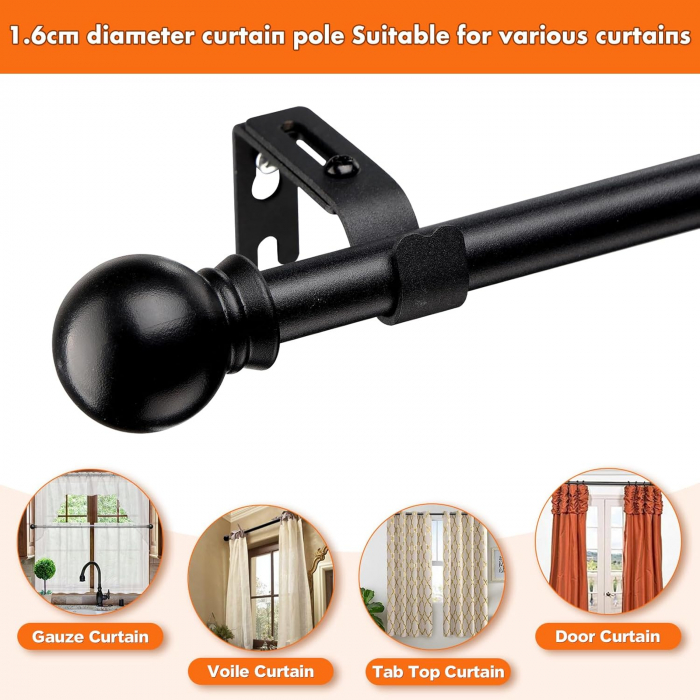 Set 2 Galerii pentru Perdea cu Finiale Rotunde, 76 - 115 cm, Diametru 1.6 cm, Negru Mat, Suporturi Incluse pentru Living si Exterior [3]