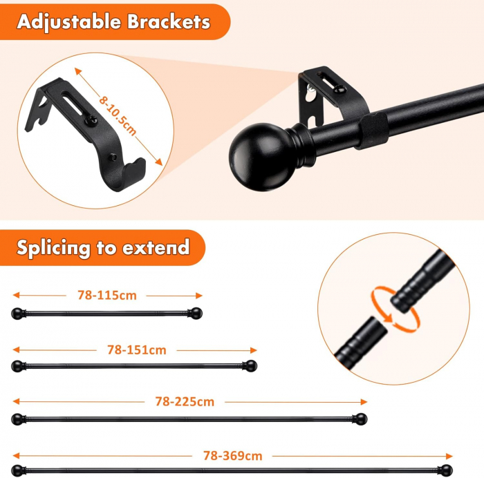 Set 2 Galerii pentru Perdea cu Finiale Rotunde, 76 - 151 cm, Diametru 1.6 cm, Negru Mat, Suporturi Incluse pentru Living si Exterior [3]