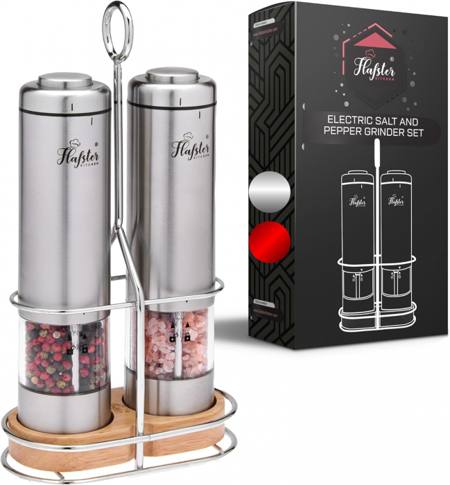 Set 2 Rasnite Electrice din inox, Flafster Kitchen, pentru Sare si Piper cu Suport din Inox si Bambus Inclus, Granulatie Reglabila, functioneaza cu Baterii 8xAA [1]