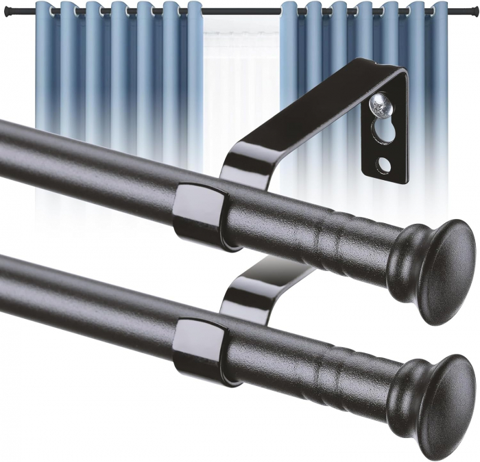 Set 2 x Galerie Metalica Extensibila pentru Perdele cu Inele, Finiale in Buton Rotund, 76-116 cm, Bara de Perdele Neagra si Suporturi Reglabile [8]