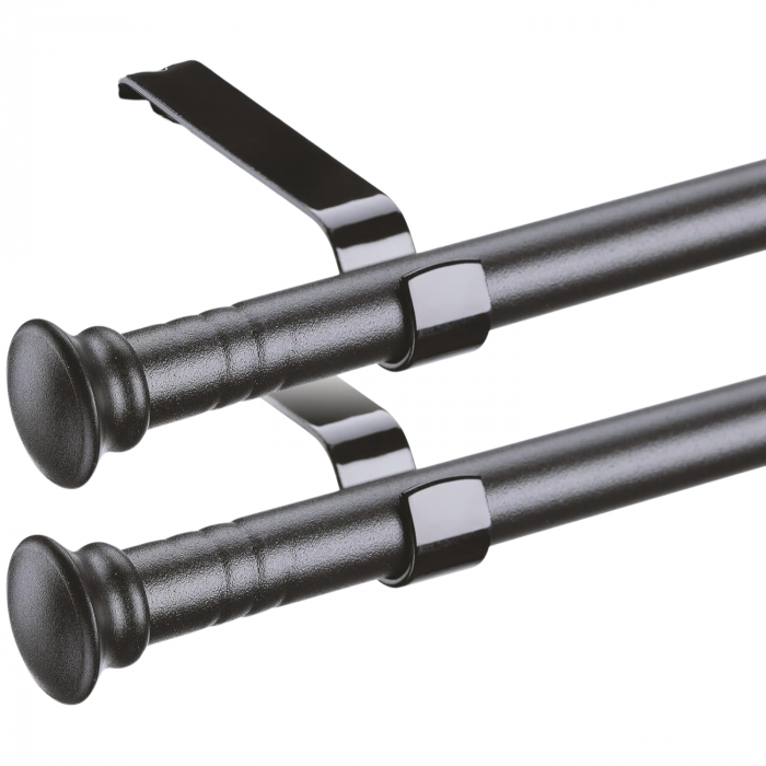 Set 2 x Galerie Metalica Extensibila pentru Perdele cu Inele, Finiale in Buton Rotund, 76-116 cm, Bara de Perdele Neagra si Suporturi Reglabile [1]