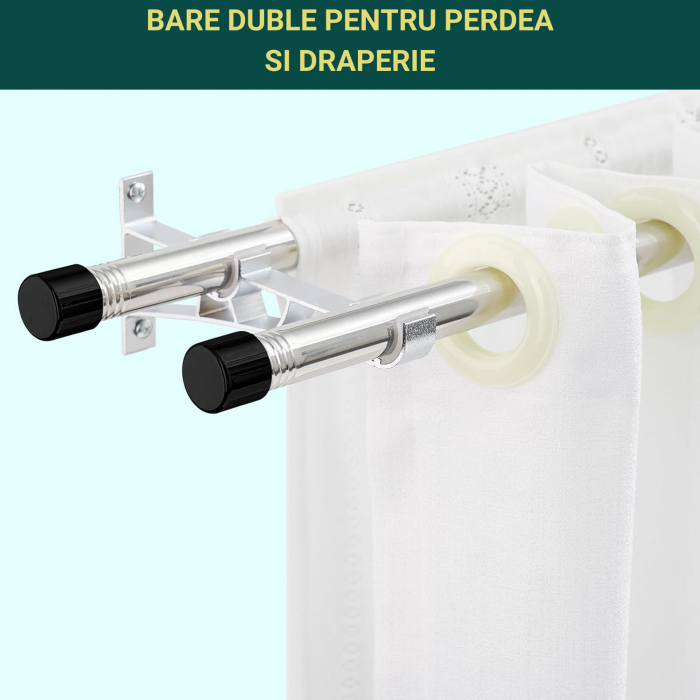 Set 2 x Galerie Metalica pentru Perdea cu Finiale in Buton, 76 - 113 cm, Diametru 2.5 cm, Argintiu si Negru, Suporturi Incluse pentru Living si Exterior [5]