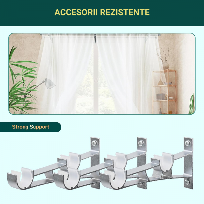 Set 2 x Galerie Metalica pentru Perdea cu Finiale in Buton, 76 - 222 cm, Diametru 2.5 cm, Argintiu si Negru, Suporturi Incluse pentru Living si Exterior [3]