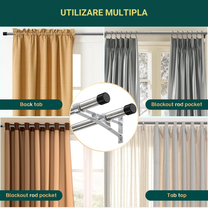 Set 2 x Galerie Metalica pentru Perdea cu Finiale in Buton, 76 - 222 cm, Diametru 2.5 cm, Argintiu si Negru, Suporturi Incluse pentru Living si Exterior [6]