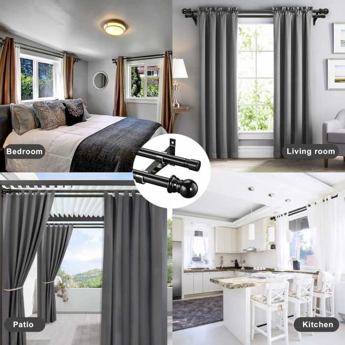 Set 2 x Galerie Metalica pentru Perdea cu Finiale Rotunde si in Buton, 76 - 113 cm, Diametru 2.5 cm, Negru, Suporturi Incluse pentru Living si Exterior [6]