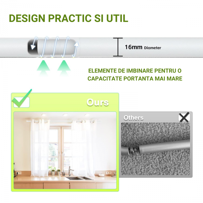 Set 2 x Galerie pentru Perdea cu Finiale Rotunde, 76 - 116 cm, Diametru 1.6 cm,  Alba, Suporturi Incluse pentru Living si Exterior [4]