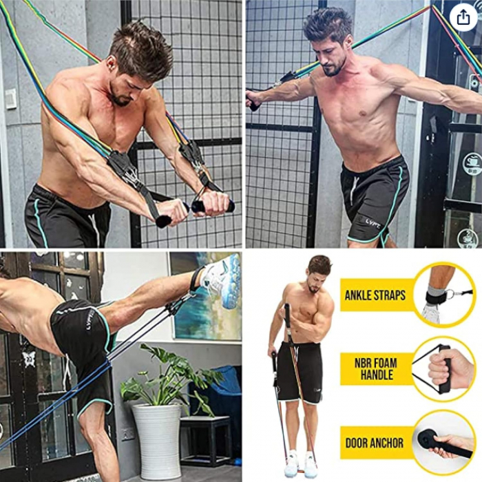 Set antrenament extensor cu 5 benzi tubulare elastice, Manere, Curele pentru glezne si un saculet de transport, pentru antrenament fitness, exercitii fizice, recuperare, sala, yoga, pilates, 150 lbs [4]