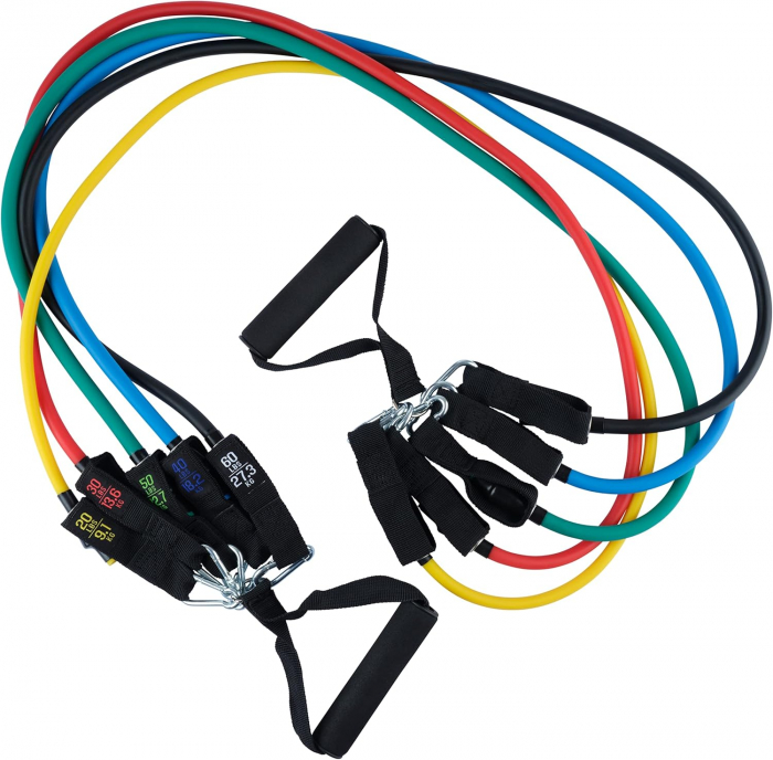Set antrenament extensor cu 5 benzi tubulare elastice, Manere, Curele pentru glezne si un saculet de transport, pentru antrenament fitness, exercitii fizice, recuperare, sala, yoga, pilates, 150 lbs [1]