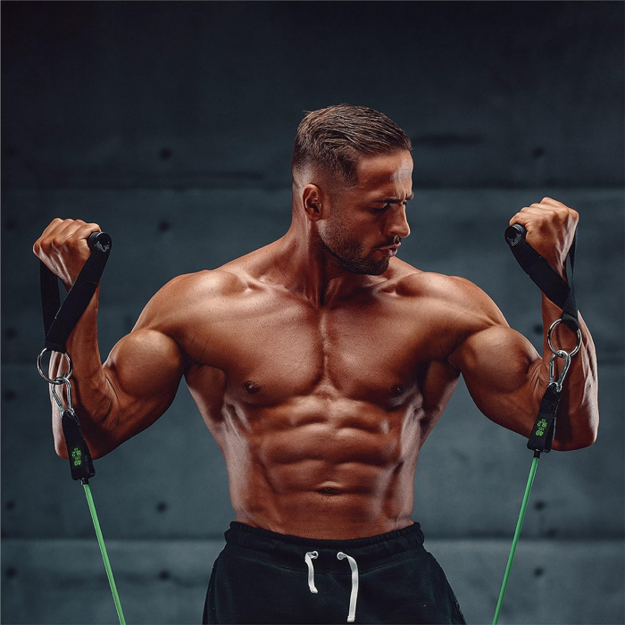 Set antrenament extensor cu 5 benzi tubulare elastice, Manere, Curele pentru glezne si un saculet de transport, pentru antrenament fitness, exercitii fizice, recuperare, sala, yoga, pilates, 150 lbs [6]