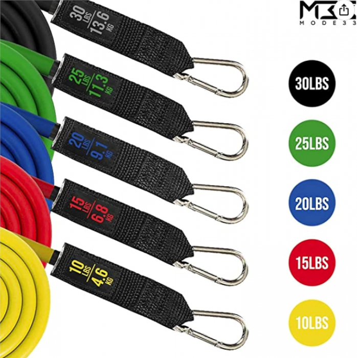 Set antrenament extensor cu 5 benzi tubulare elastice, Manere, Curele pentru glezne si un saculet de transport, pentru antrenament fitness, exercitii fizice, recuperare, sala, yoga, pilates, 150 lbs [5]