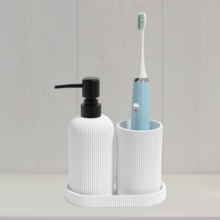 Set elegant pentru baie din 3 piese, cu dozator pentru sapun lichid, pahar clatire sau recipient pentru periute si pasta de dinti, tavita, culoare alba, model in relief, rasina epoxidica [10]