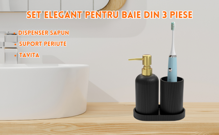 Set elegant pentru baie din 3 piese, cu dozator pentru sapun lichid, pahar clatire sau recipient pentru periute si pasta de dinti, tavita, culoare alba, model in relief, rasina epoxidica [12]