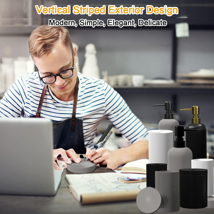 Set elegant pentru baie din 3 piese, cu dozator pentru sapun lichid, pahar clatire sau recipient pentru periute si pasta de dinti, tavita, culoare alba, model in relief, rasina epoxidica [6]